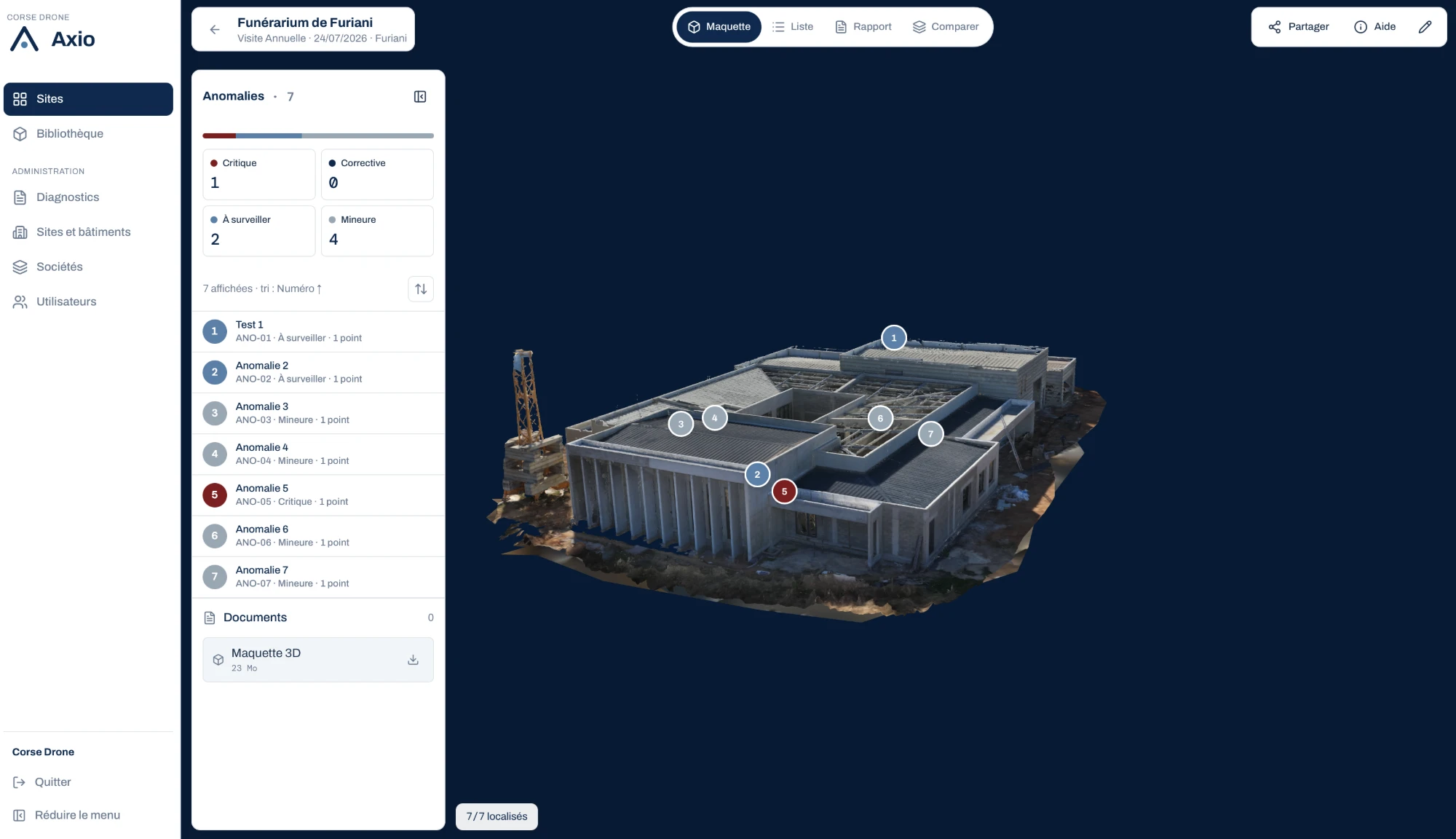 Interface Axio : maquette 3D d'un bâtiment avec anomalies localisées