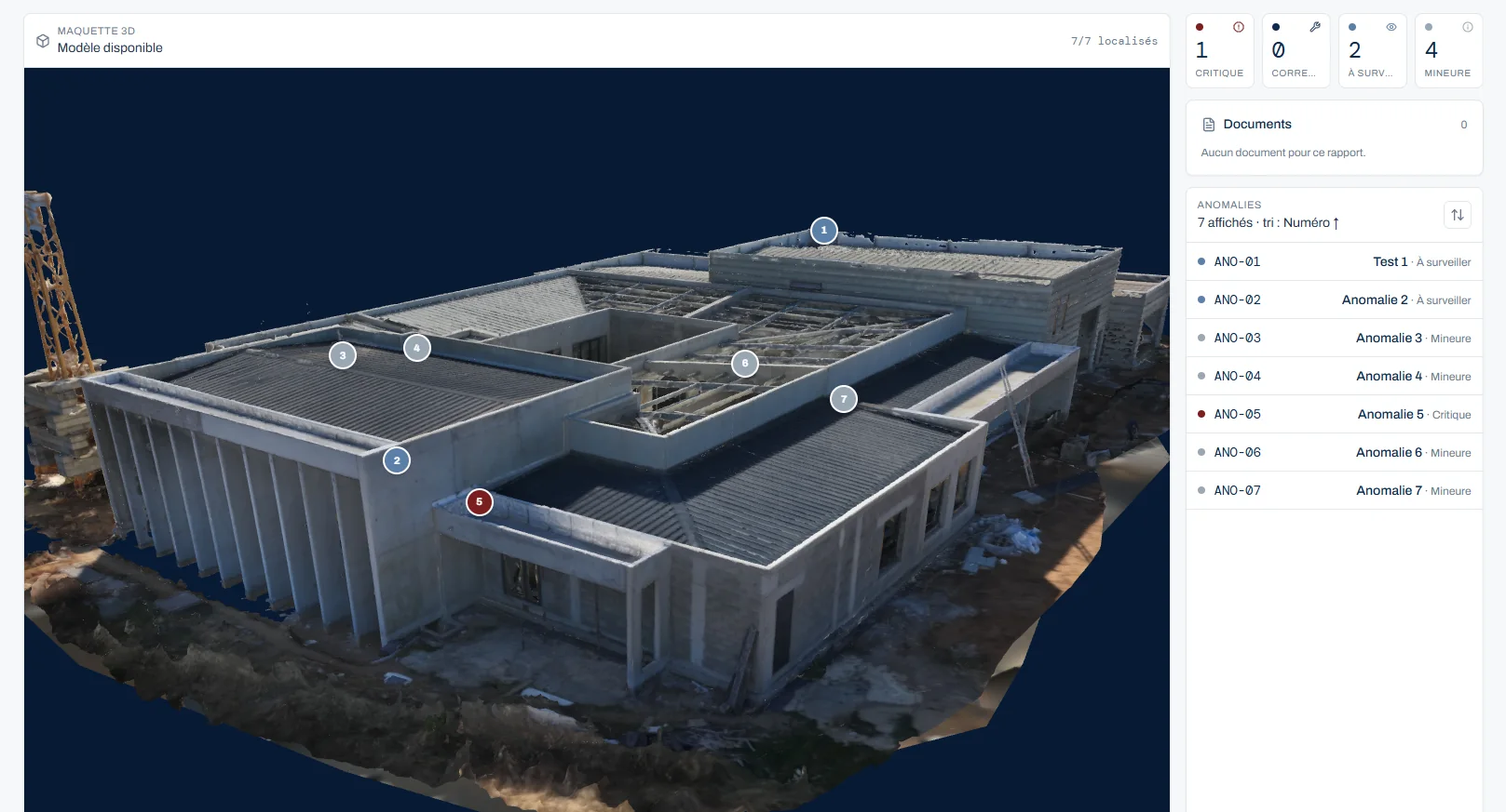 Interface Axio affichant le modèle 3D d'un bâtiment et ses anomalies positionnées