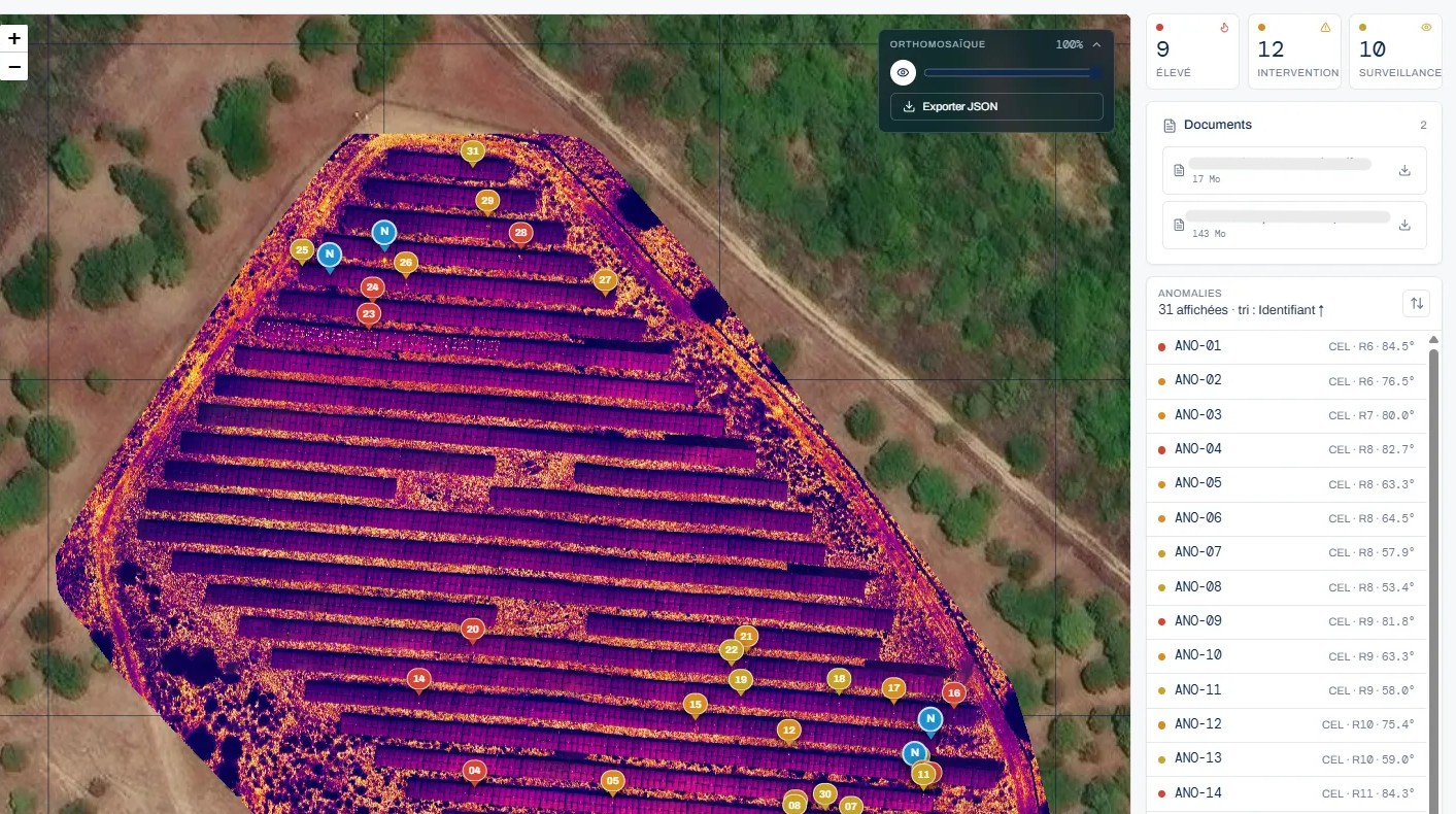 Interface Spectra affichant l'orthomosaïque thermique d'une centrale photovoltaïque et ses anomalies localisées