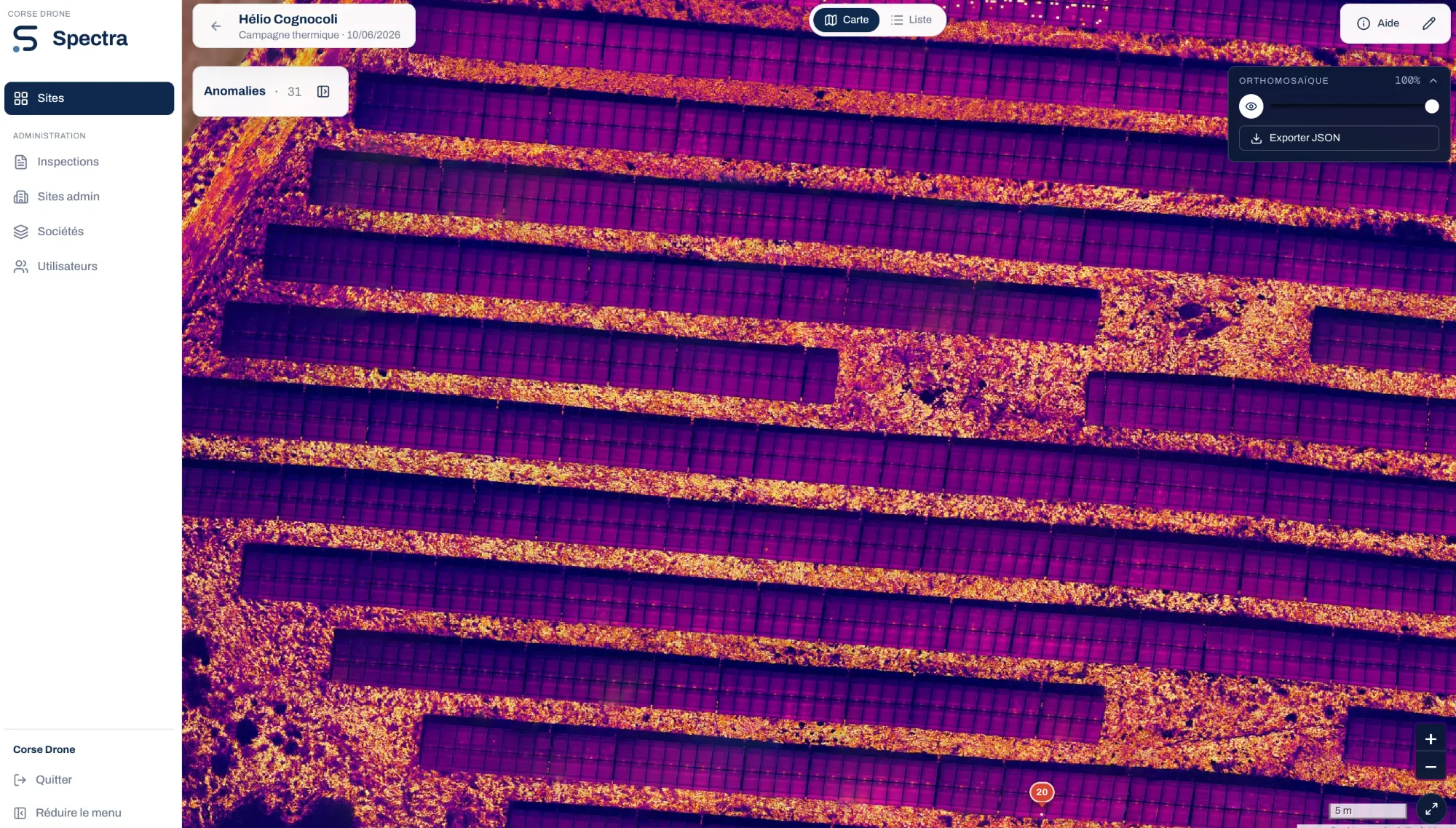 Interface Spectra : orthomosaïque thermique d'une installation avec points chauds classés